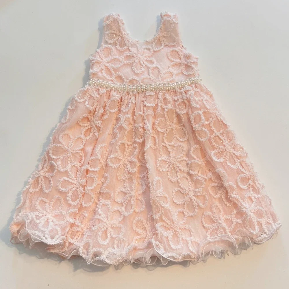 American Princess Pink Floral Pearl Rhinestone Waist Sleeveless Dress‎ 4 Kids